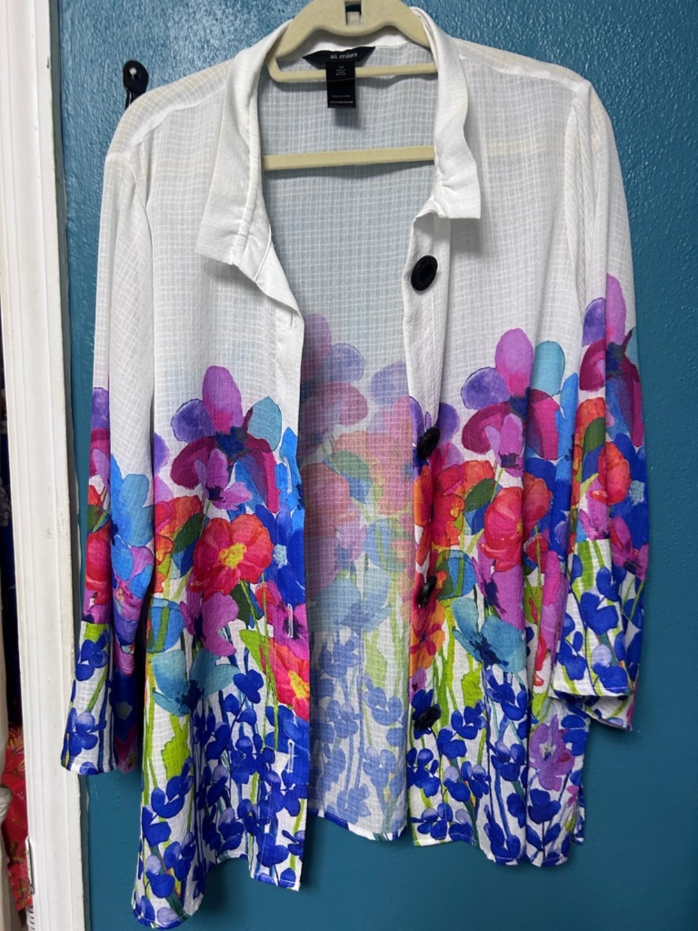 Ali Miles White Watercolor Floral Button Cardigan Breezy Gauzy Jacket 1x